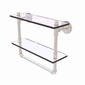16" Double Glass Shelf with Towel Bar, Satin Nickel Finish