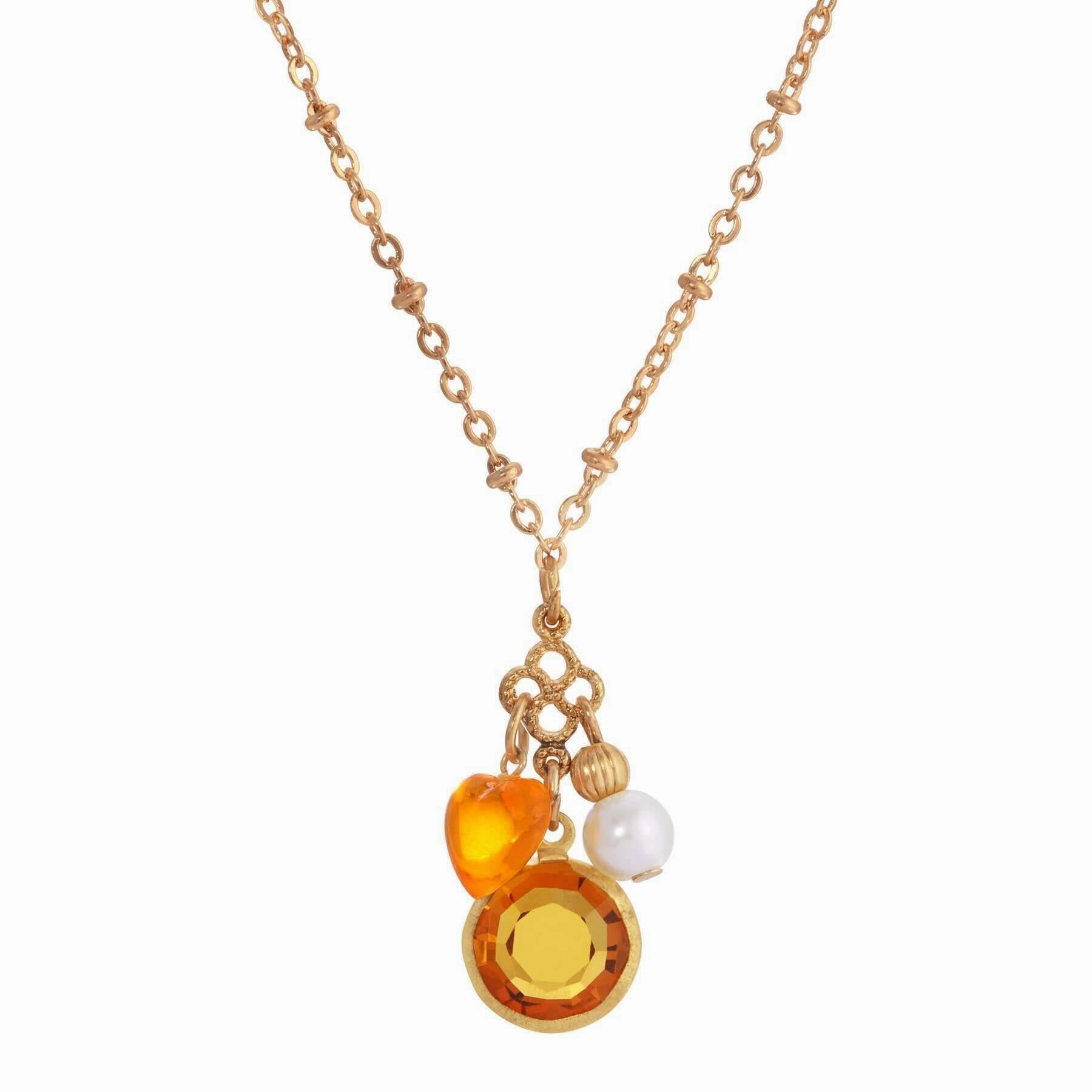 1928 Jewelry Channel Crystal Heart & Pearl Charm Pendant Necklace 16"