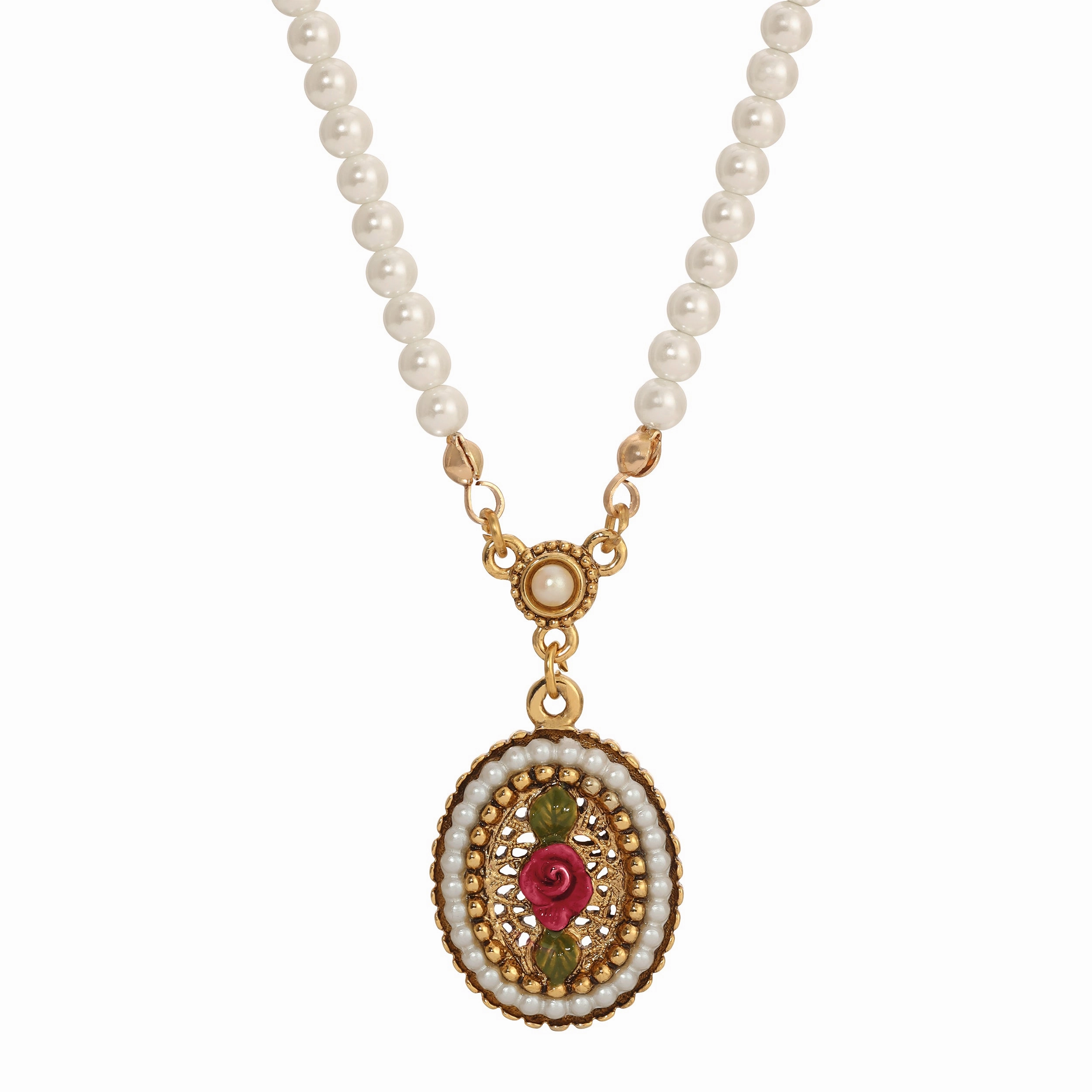 1928 Jewelry Pearly Eden 4mm Faux Pearl Strand Rose Enamel Pendant Necklace 14"   3" Extender