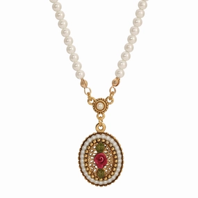 1928 Jewelry Pearly Eden 4mm Faux Pearl Strand Rose Enamel Pendant Necklace 14"   3" Extender