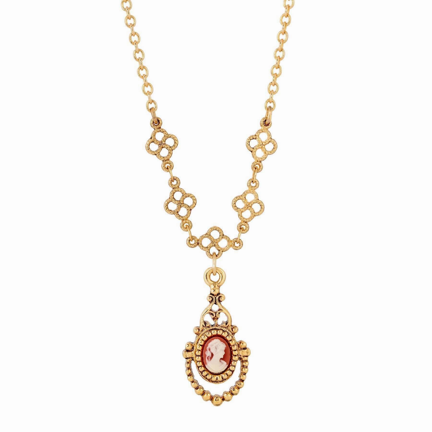 1928 Jewelry Royal Carnelian Cameo Pendant Necklace 16"   3" Extender