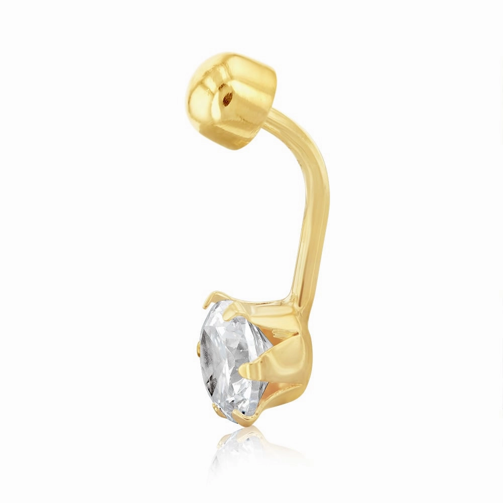9ct Yellow Gold 6mm Round Cubic Zirconia 6 Claw Belly Bar