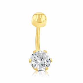 9ct Yellow Gold 6mm Round Cubic Zirconia 6 Claw Belly Bar