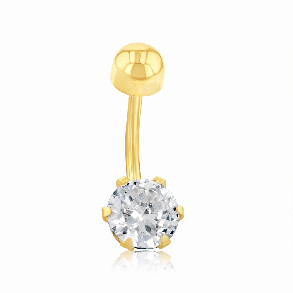 9ct Yellow Gold 6mm Round Cubic Zirconia 6 Claw Belly Bar