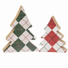 *2/Set Distressed Wooden Plaid Christmas Trees