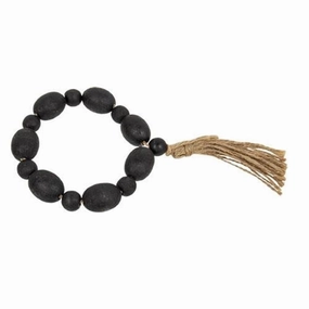 *Black Distressed Wood Oval Bead Candle Ring w/Jute Tassel