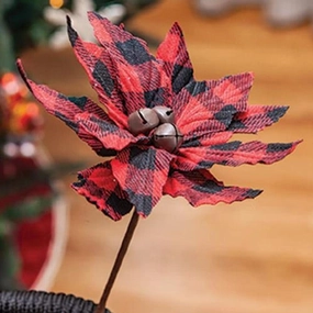*Buffalo Check Jingle Bell Poinsettia Stem 7"