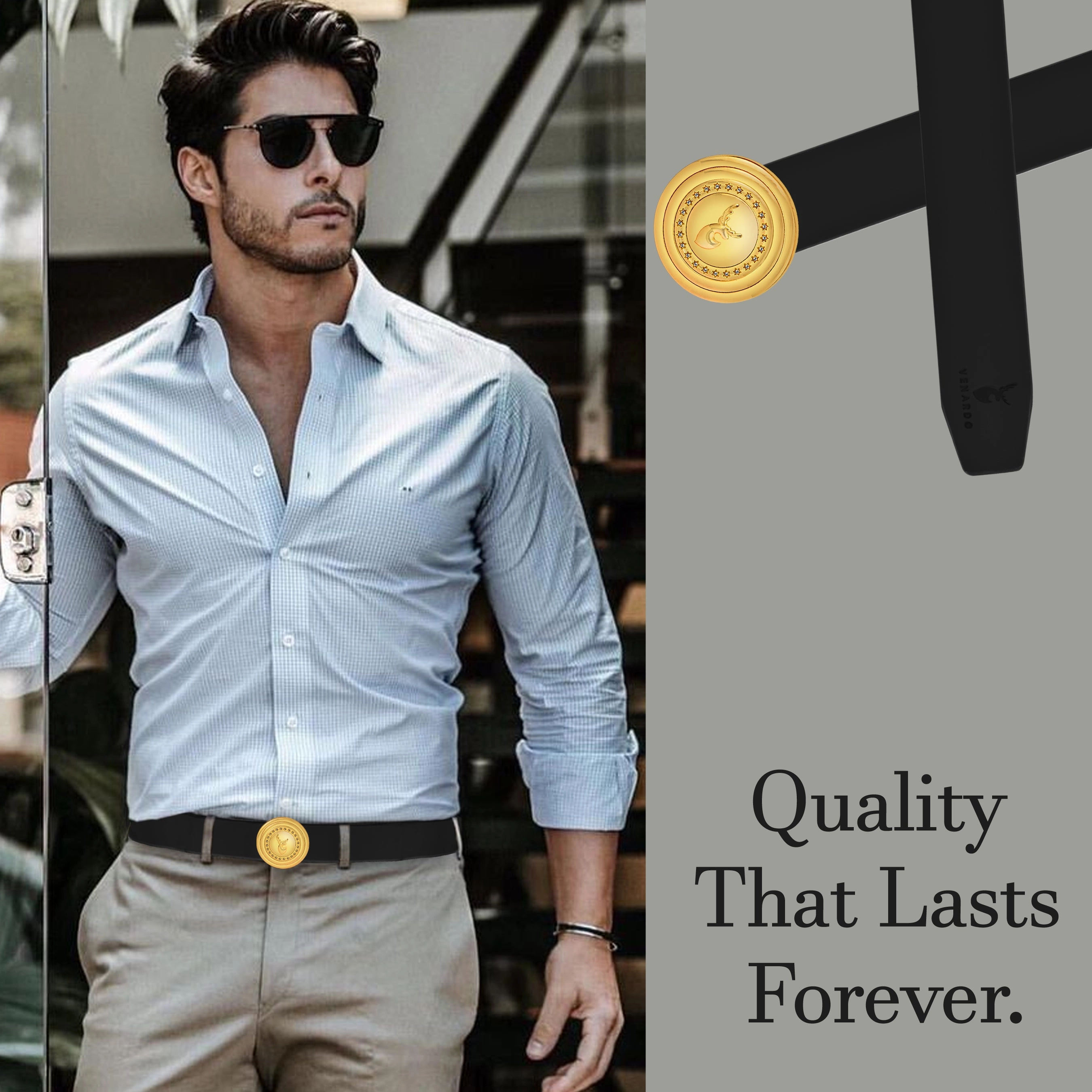 Aura Gold Diamond Buckle Leather Belt For Men
