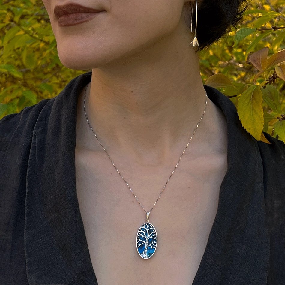 Blue Abalone Tree Of Life Necklace - Sterling Silver, Indonesia