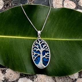 Blue Abalone Tree Of Life Necklace - Sterling Silver, Indonesia