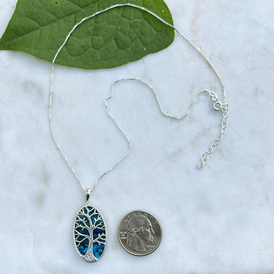 Blue Abalone Tree Of Life Necklace - Sterling Silver, Indonesia