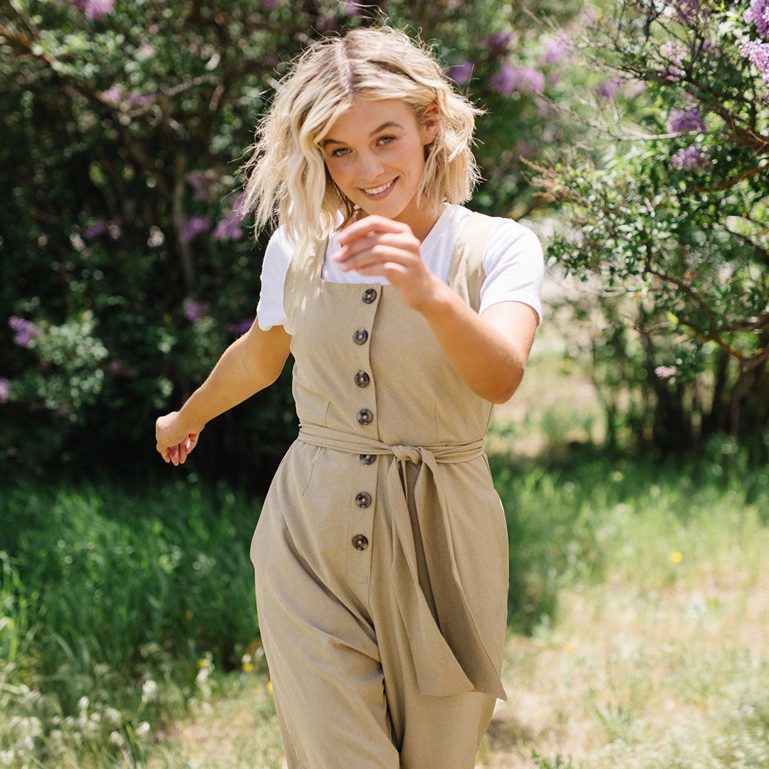 Buttoned Up Overall Jumpsuit, Heather Khaki