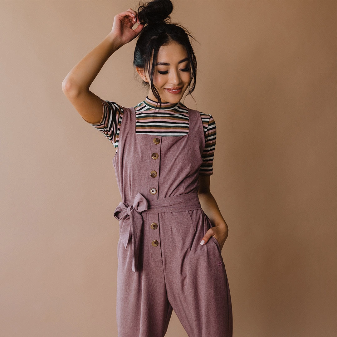 Buttoned Up Overall Jumpsuit, Heather Maroon