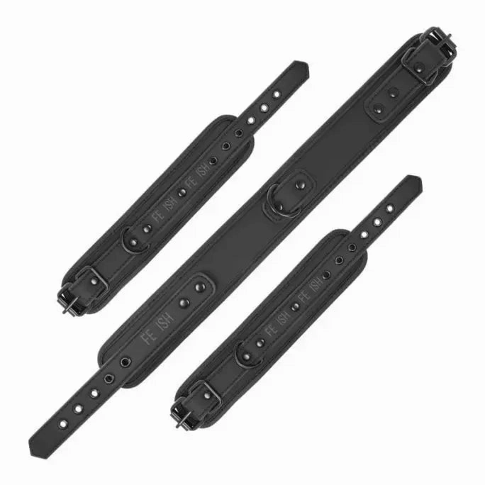 Fetish Submissive – Vegan Leather Necklace And Handcuffs With Noprene Lining