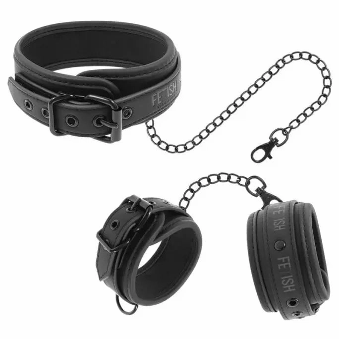 Fetish Submissive – Vegan Leather Necklace And Handcuffs With Noprene Lining