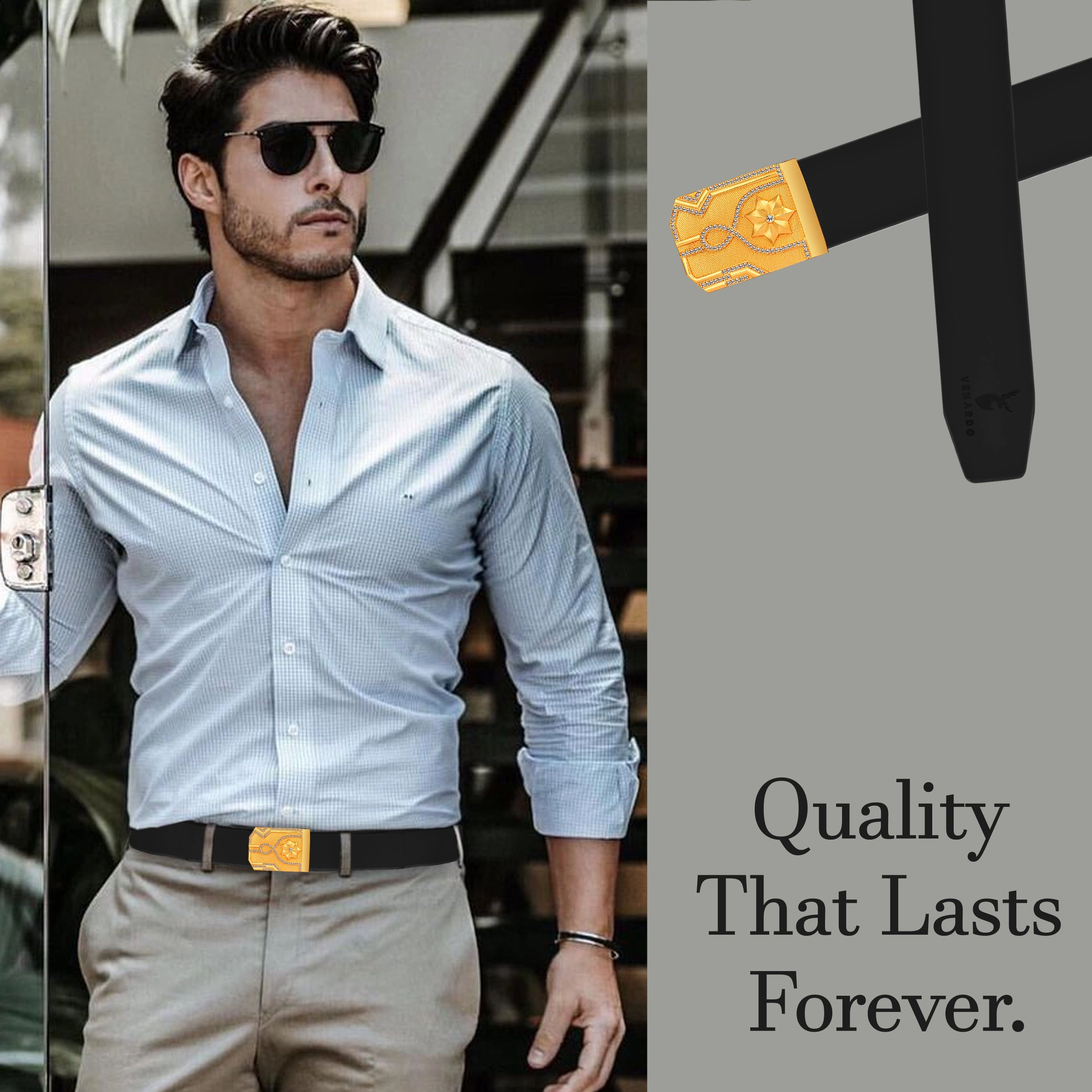 Glide Gold Diamond Buckle Leather Belt For Men