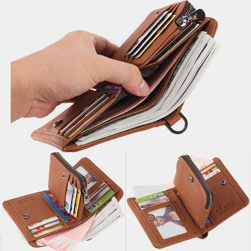 Men Genuine Leather Bifold Short Vertical Wallets RFID Blocking 13 Card Slot Card Holder Coin Purse Front Pocket Wallet