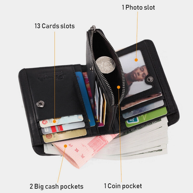 Men Genuine Leather Bifold Short Vertical Wallets RFID Blocking 13 Card Slot Card Holder Coin Purse Front Pocket Wallet