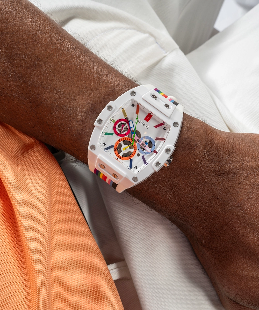 Pride Limited Edition GUESS Mens White Rainbow Analog Watch