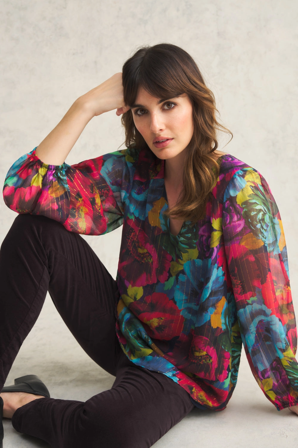 Printed Lurex Stripe Blouse - Oversized Floral