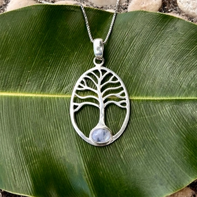 Rainbow Moonstone Tree Of Life Necklace - Sterling Silver, Indonesia