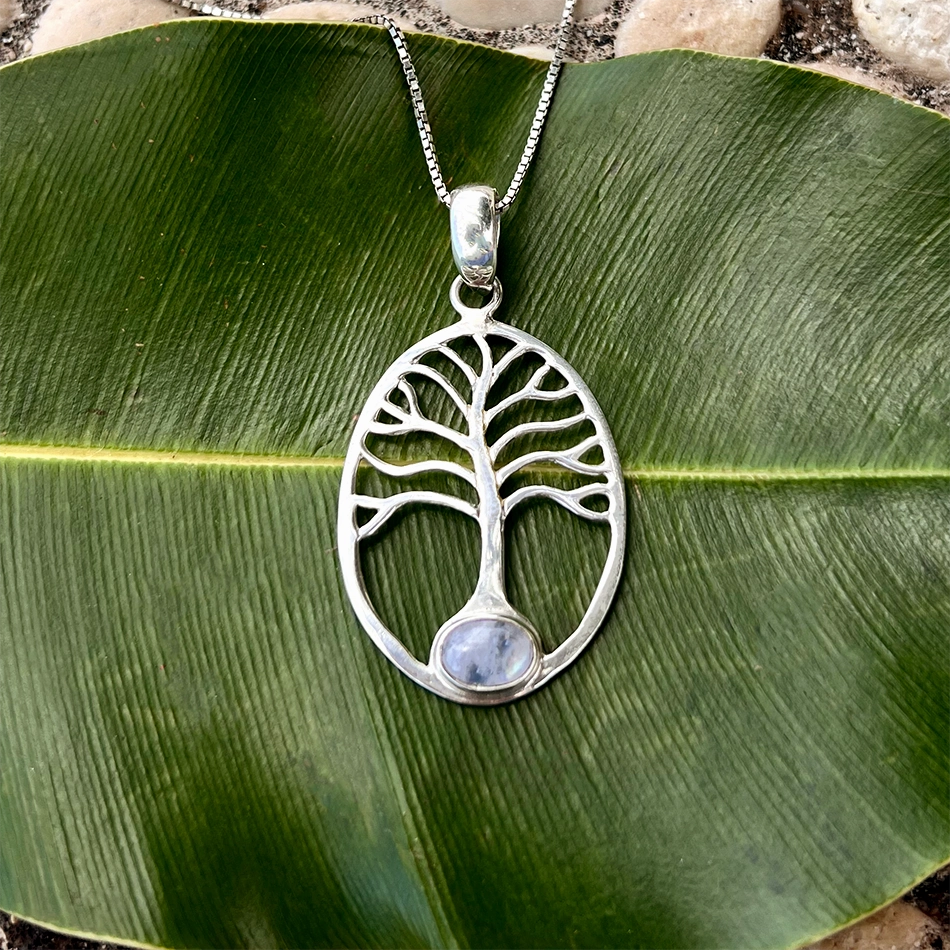 Rainbow Moonstone Tree Of Life Necklace - Sterling Silver, Indonesia