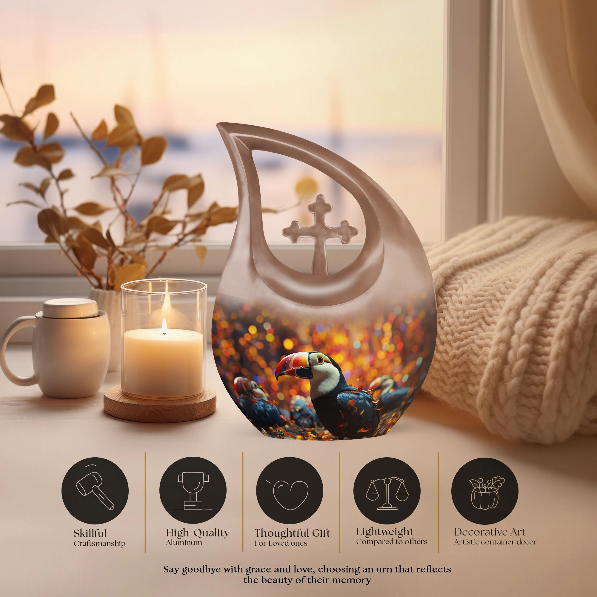 Remembrance Haven: Cross Drop Toucans Urn For Human Ashes