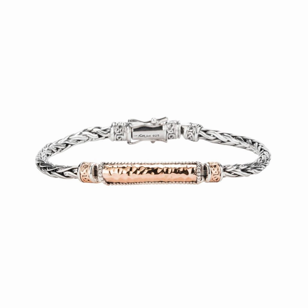 Silver and 10k Yellow or Rose Gold Wheat Link Hinged Bracelet with Hammered Bar
