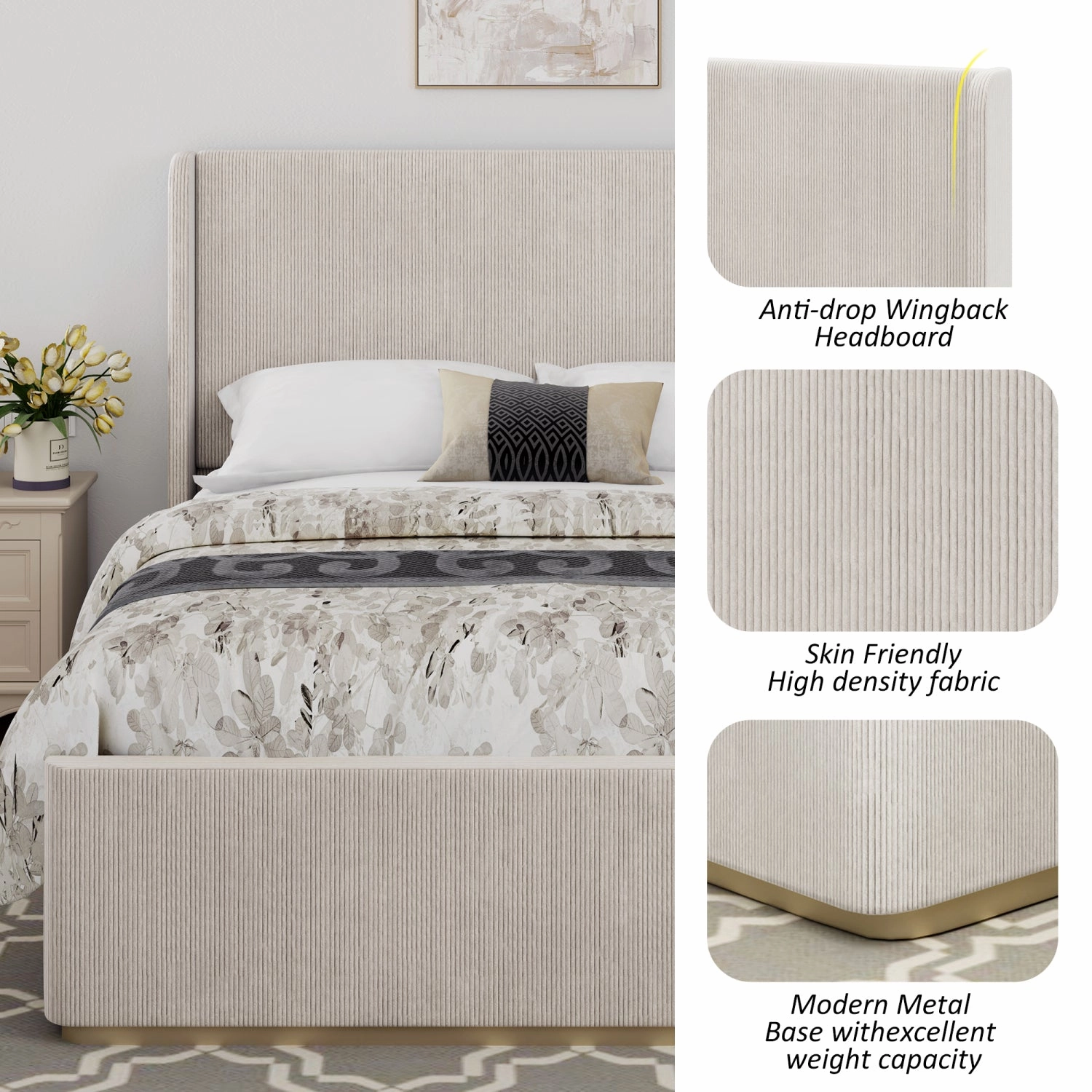 Streamdale King Corduroy Bed Frame with Wingback Headboard