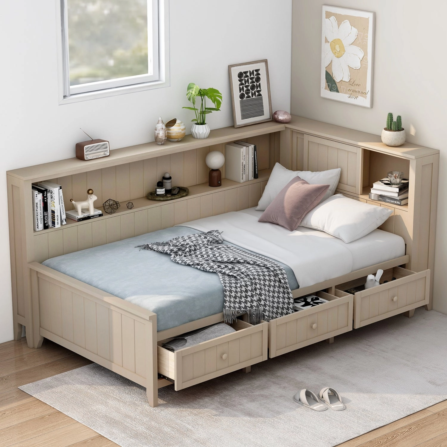 Streamdale Twin Size Wood Daybed with Storage Shelves and 3 Drawers