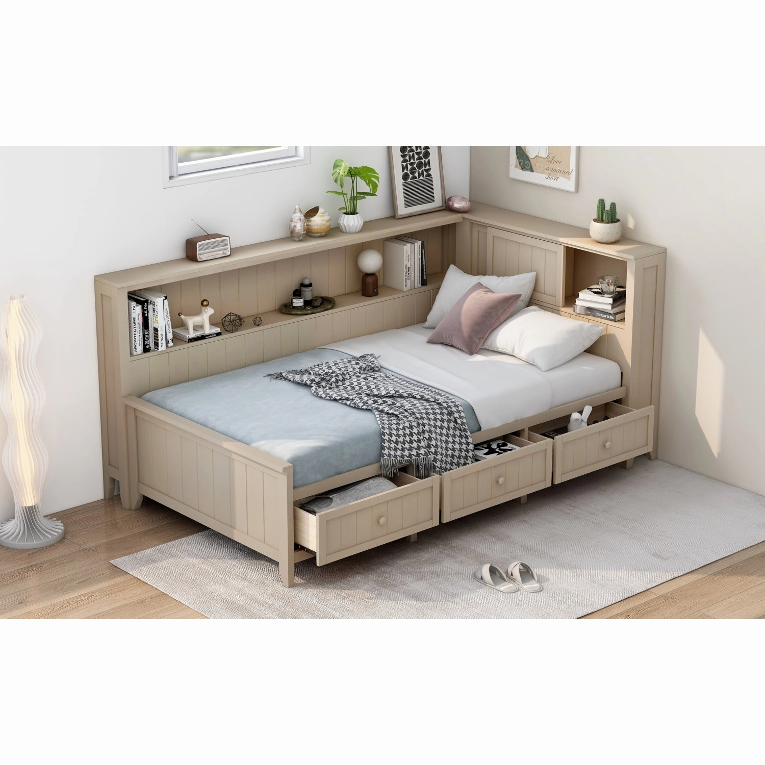 Streamdale Twin Size Wood Daybed with Storage Shelves and 3 Drawers