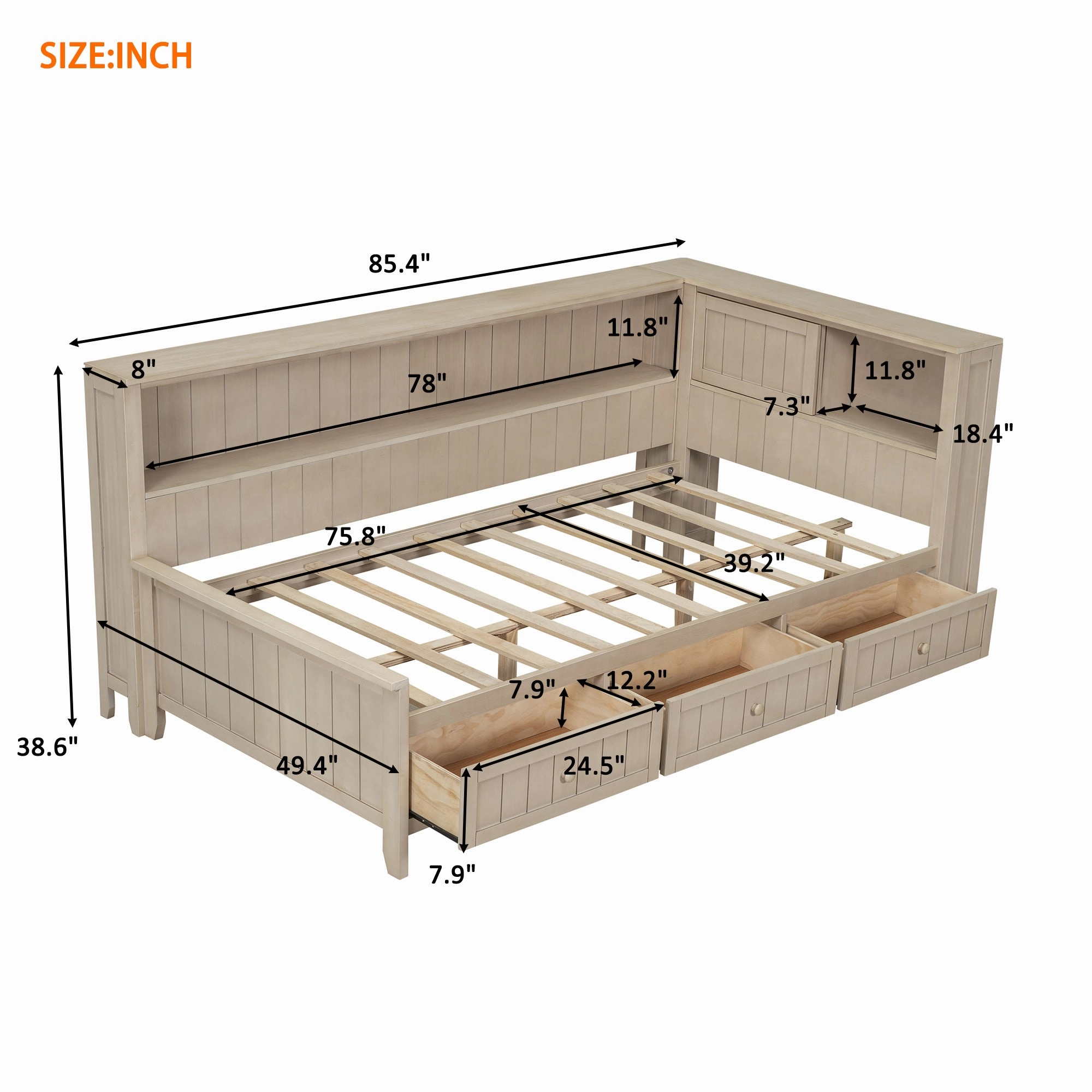 Streamdale Twin Size Wood Daybed with Storage Shelves and 3 Drawers