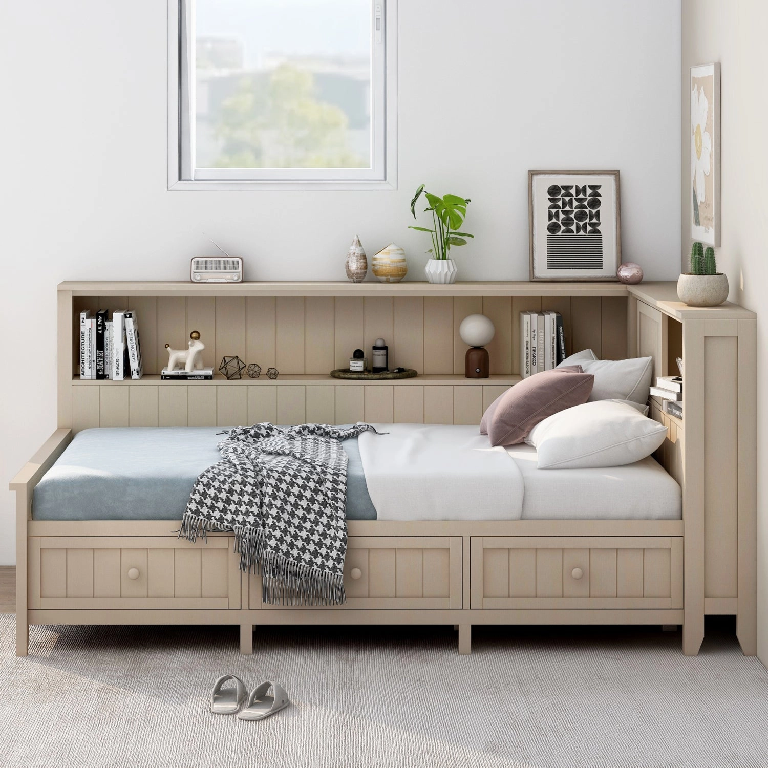 Streamdale Twin Size Wood Daybed with Storage Shelves and 3 Drawers