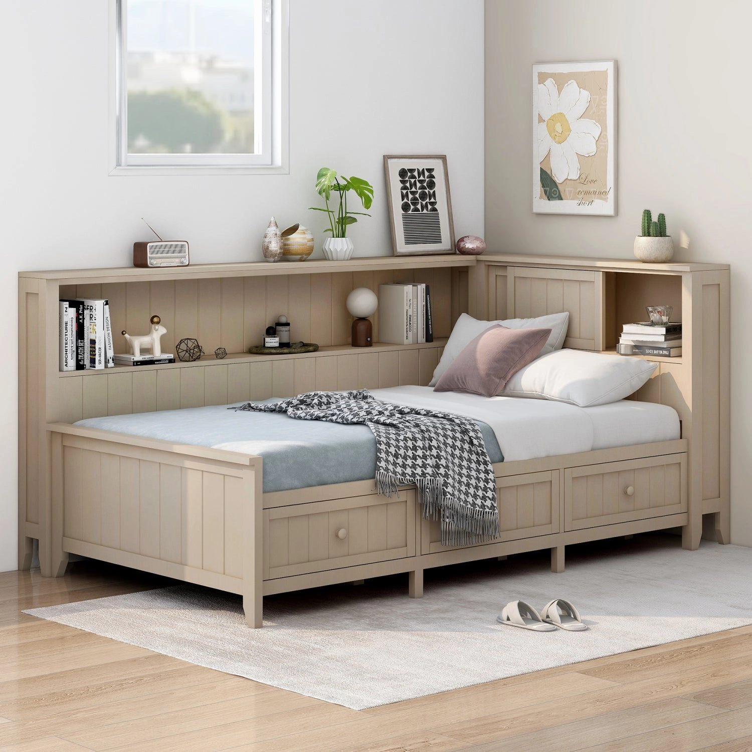Streamdale Twin Size Wood Daybed with Storage Shelves and 3 Drawers