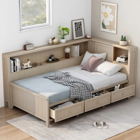 Streamdale Twin Size Wood Daybed with Storage Shelves and 3 Drawers